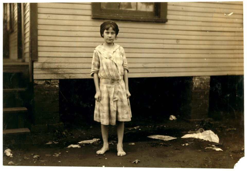 Madeline Causey ten year old worker in Merrimack Mills. Been working there for four months. Fills batteries. Her mother said she was born July 8, 1903. See Hine report. LOC nclc.02909