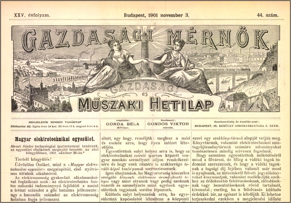 Magyar Elektrotechnikai Egyesület első közgyűlése. Gazdasági Mérnök, 1901