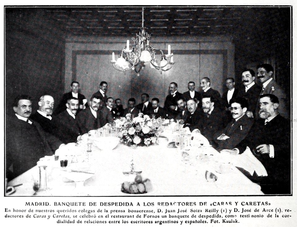 Madrid. Banquete de despedida a los redactores de Caras y Caretas, de Kaulak, Blanco y Negro, 15-06-1907