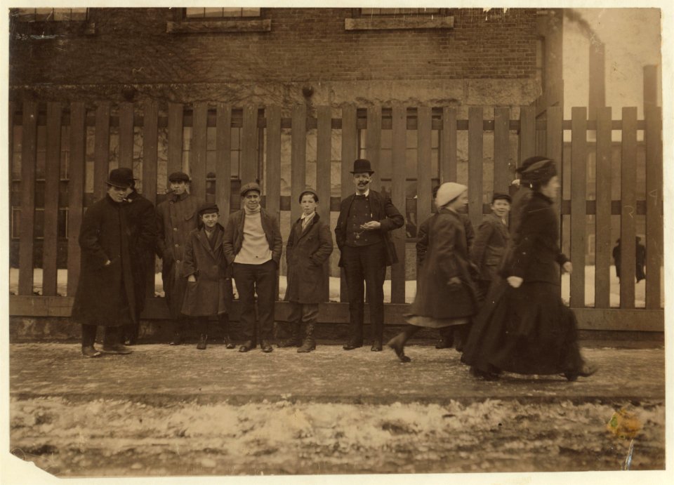 Main Entrance Wamsutta Mills. Young workers also indolescent (i.e., adolescent) and young girls running the gauntlet of vile-speaking men and boys. The remarks are sometimes beyond belief. LOC nclc.02487