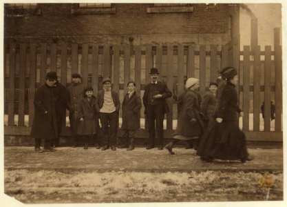 Main Entrance Wamsutta Mills. Young workers also indolescent (i.e., adolescent) and young girls running the gauntlet of vile-speaking men and boys. The remarks are sometimes beyond belief. LOC nclc.02487