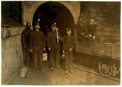 Main entrance, Gary W. Va. Mine. Trapper boy in center. Going to work 7 A.M. will be underground until 5-30 P.M. Trappers are paid $1. per day. LOC cph.3a24699