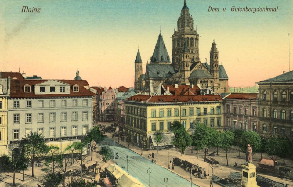 Mainz, Rheinland-Pfalz - Dom und Gutenbergdenkmal (2) (Zeno Ansichtskarten)