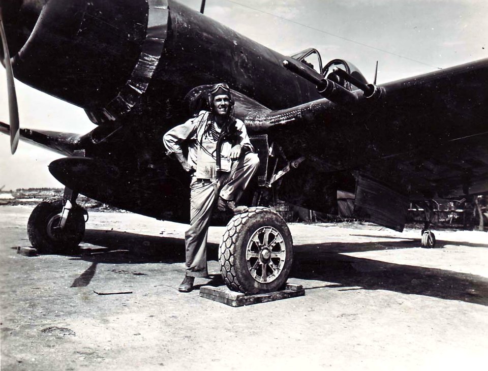 Maj Chamberlain CO VMF-314 with F4U-1C c1945