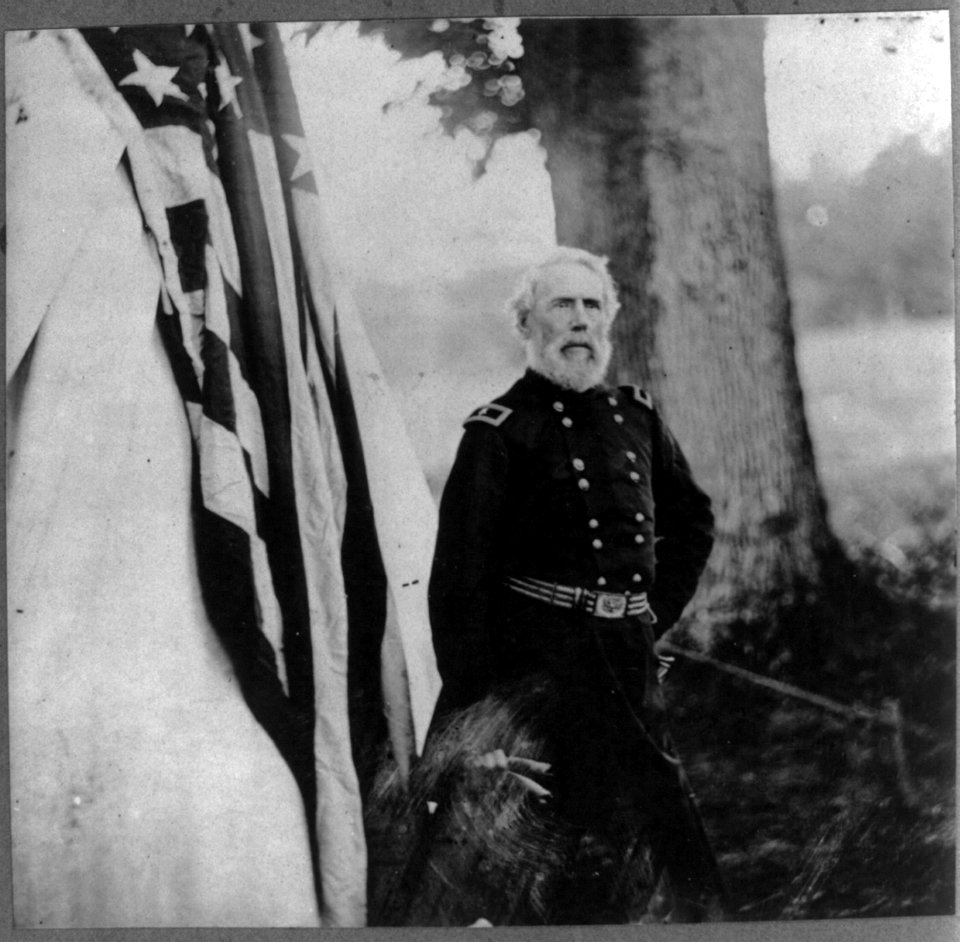 Maj. Gen. Edwin Vose Sumner, 1797-1863, three-quarter length portrait, standing, facing right, in uniform, outside tent LCCN2006679279