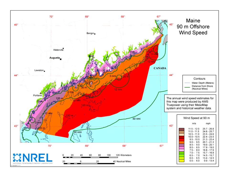 Maine Offshore 90-Meter Wind Map and Wind Resource Potential