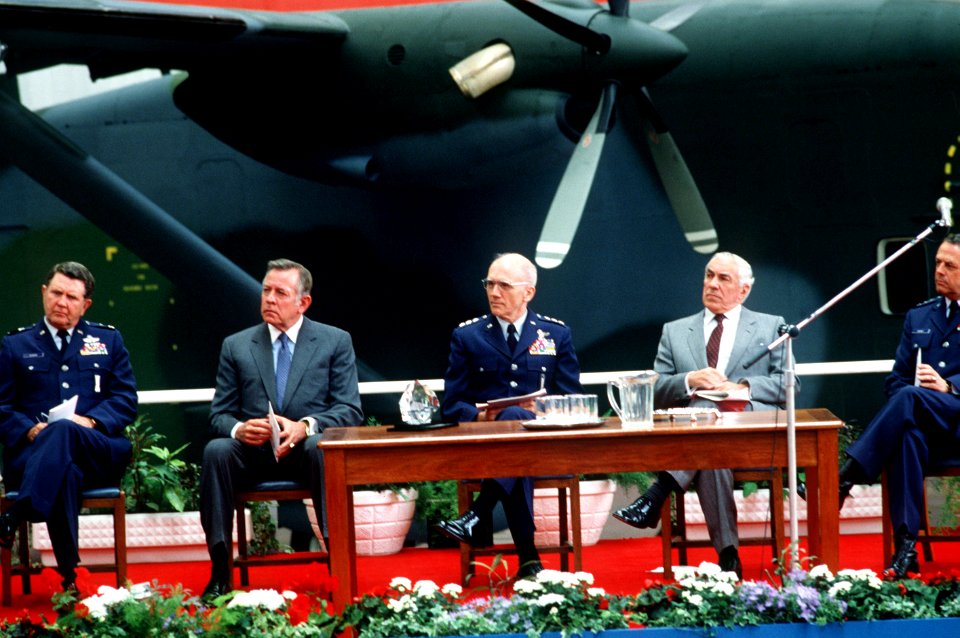 Maj. Gen. William P. Acker, ambassador Charles H. Price II, Lt. Gen. Thomas H. McMullen, Sir Philip Foreman, Lt. Gen. Carl H. Cathey DF-ST-86-00419