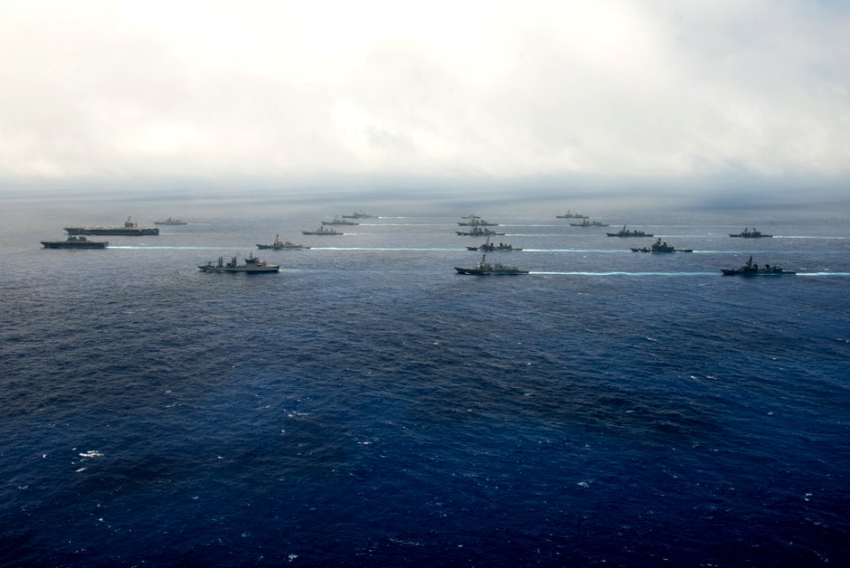 Malabar 2016 participants from the Indian Navy, Japanese Maritime Self-Defense Force (JMSDF), and U.S. Navy sail in formation