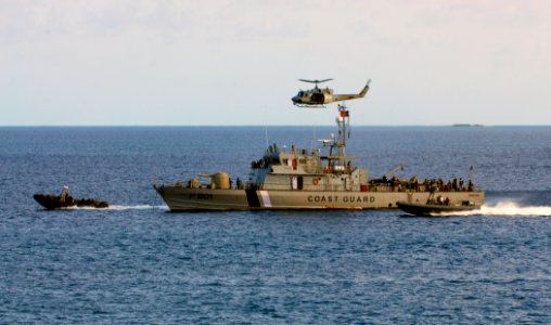 Maldivian coast guard ship Hurawee (801) (formerly Indian Navy Ship Tillanchang T62) serves as a non-compliant vessel during an exercise