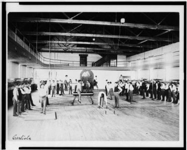Male Native American students in physical education class, Carlisle Indian School, Carlisle, Pennsylvania LCCN98509238