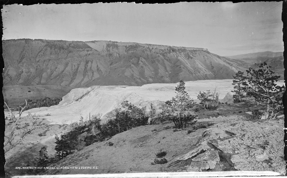 Mammoth Hot Springs. General view, looking northeast. Yellowstone National Park. - NARA - 517188