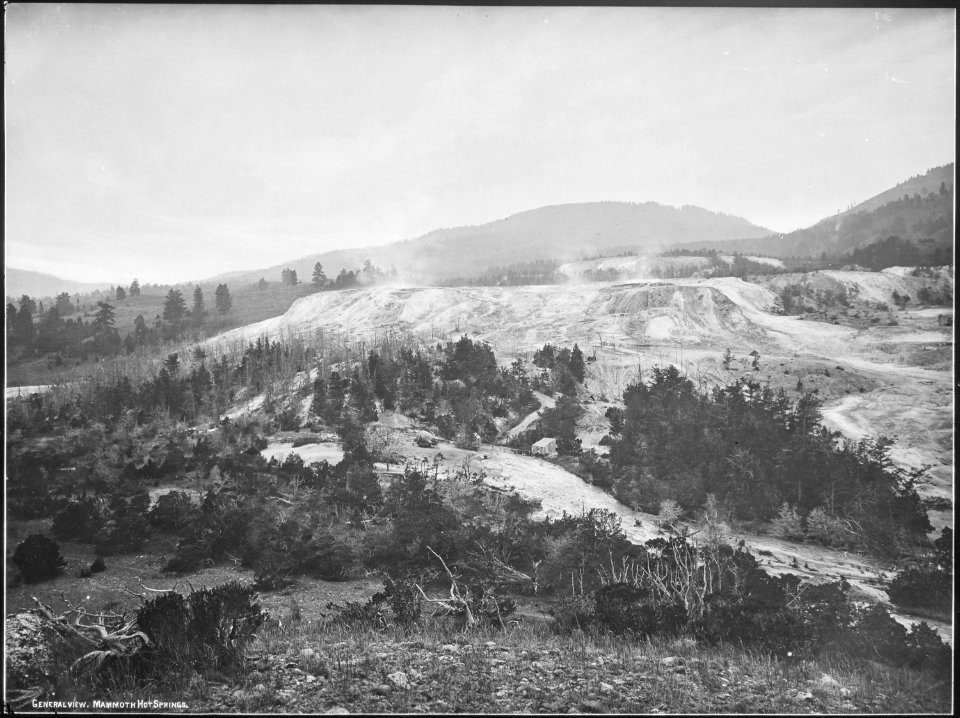 Mammoth Hot Springs, general view from Fort Hill. Yellowstone. - NARA - 517638