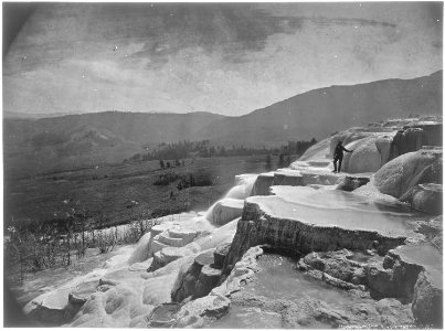 Mammoth Hot Springs. Jupiter Terrace, looking north. Possibly Superintendent Lanford in picture. - NARA - 517633