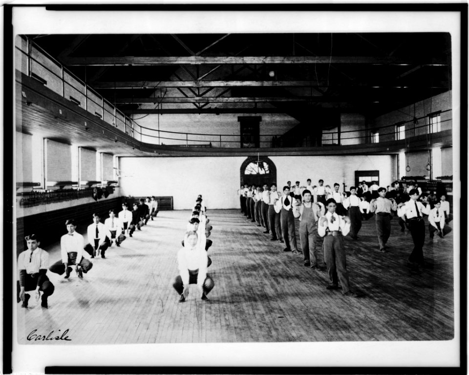 Male Native American students in physical education class, Carlisle Indian School, Carlisle, Pennsylvania LCCN98509239