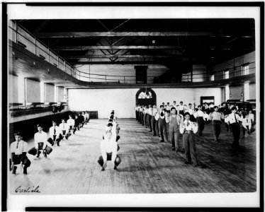Male Native American students in physical education class, Carlisle Indian School, Carlisle, Pennsylvania LCCN98509239