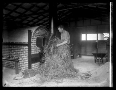 Man handling hay in industrial building LCCN2016852246