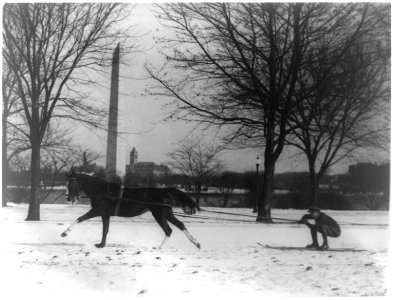 Man on skis being pulled by horse, with Washington Monument in background LCCN93515733