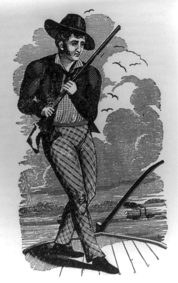 Man standing at stern of keelboat holding flintlock rifle LCCN2002699493