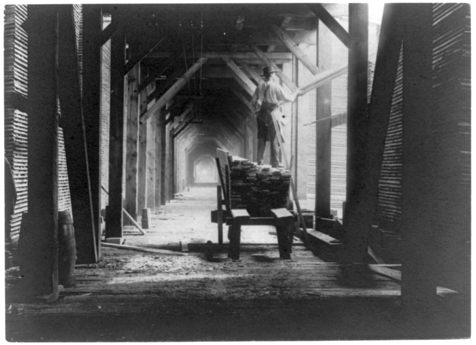 Man standing on boards on cart in sawmill and stacking the boards, Duluth vicinity, Minn. LCCN2002715634