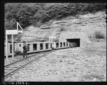 Man trip of the afternoon shift going into the mine, The cars forming the man trip cost $5000.00 a piece. Koppers... - NARA - 540912