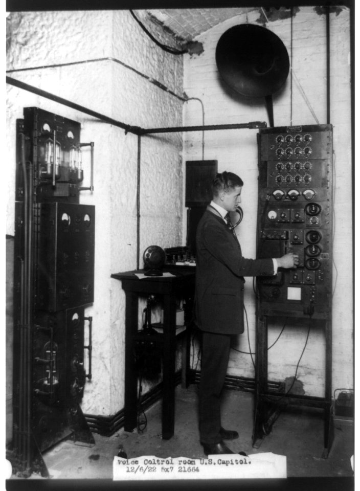 Man working at machine in the Voice Control Room at the U.S. Capitol LCCN2003653470