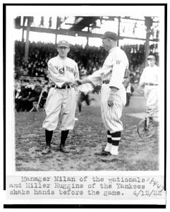 Manager Milan of the Nationals and Miller Huggins of the Yankees shake hands before the game LCCN2003689066