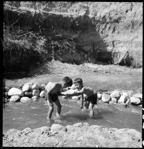 Manzanar Relocation Center, Manzanar, California. Evacuee children enjoying a hot summer afternoon . . . - NARA - 538079