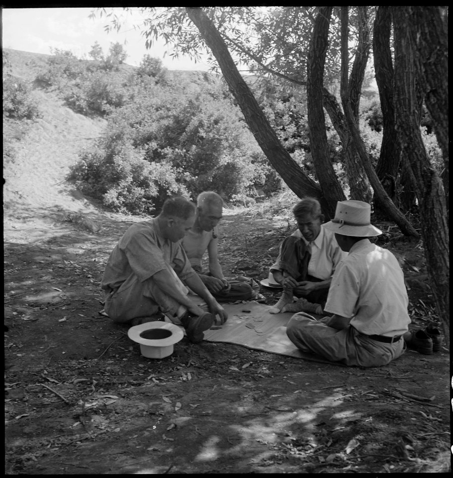 Manzanar Relocation Center, Manzanar, California. Evacuees enjoying games under the shade of trees . . . - NARA - 538082