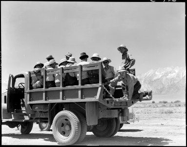 Manzanar Relocation Center, Manzanar, California. Field laborers returning to the Center's messhall . . . - NARA - 538040