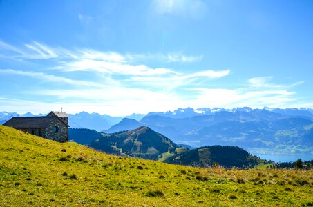 Distant view mountains chapel photo