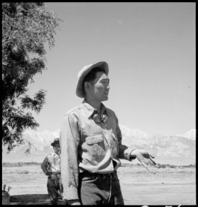 Manzanar Relocation Center, Manzanar, California. Johnny Fukazawa, foreman of fields Numbers 3, 4, . . . - NARA - 538055