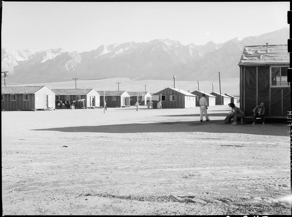 Manzanar Relocation Center, Manzanar, California. Looking west from Hall Number 1. The small squar . . . - NARA - 538131