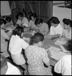 Manzanar Relocation Center, Manzanar, California. Part of a class under the Adult Education Program . . . - NARA - 538092