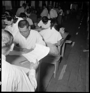 Manzanar Relocation Center, Manzanar, California. Part of a class under the Adult Education Program . . . - NARA - 538094