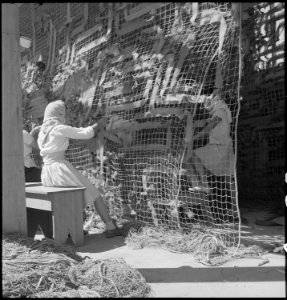 Manzanar Relocation Center, Manzanar, California. Making camouflage nets for the War Department. T . . . - NARA - 538111