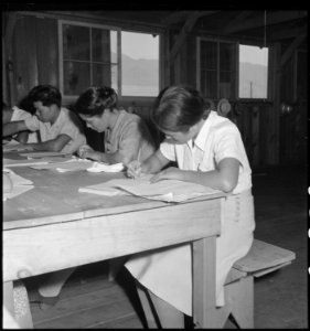 Manzanar Relocation Center, Manzanar, California. Part of a class under the Adult Education Program . . . - NARA - 538096