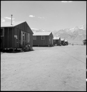 Manzanar Relocation Center, Manzanar, California. Street scene looking west between barrack blocks . . . - NARA - 538119