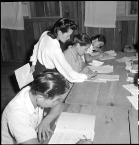 Manzanar Relocation Center, Manzanar, California. Part of a class under the Adult Education Program . . . - NARA - 538091