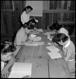 Manzanar Relocation Center, Manzanar, California. Part of a class under the Adult Education Program . . . - NARA - 538093