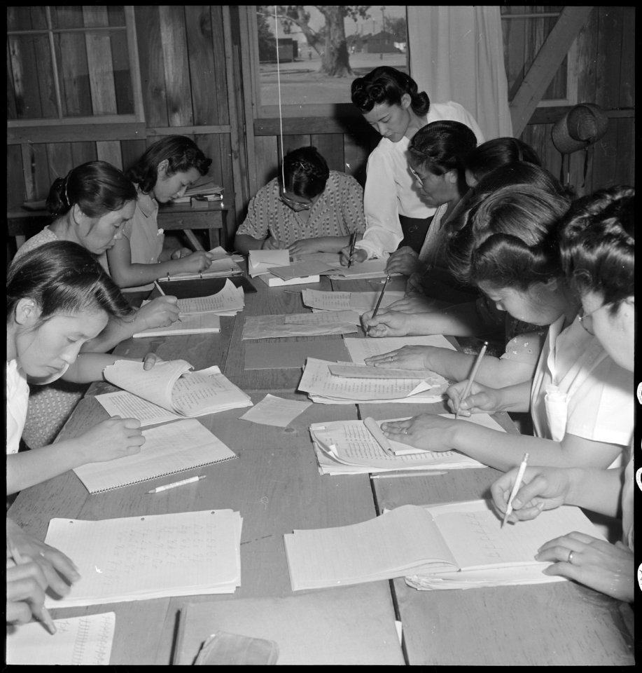 Manzanar Relocation Center, Manzanar, California. Part of a class under the Adult Education Program . . . - NARA - 538095