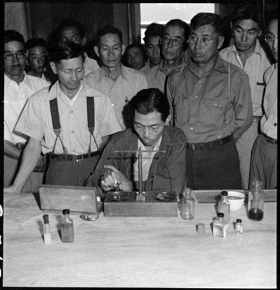 Manzanar Relocation Center, Manzanar, California. Chemists, nurserymen, and plant propagators at th . . . - NARA - 538037