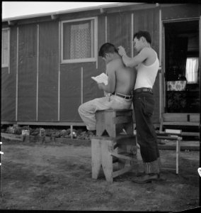 Manzanar Relocation Center, Manzanar, California. Common sight during the long summer evenings afte . . . - NARA - 538084
