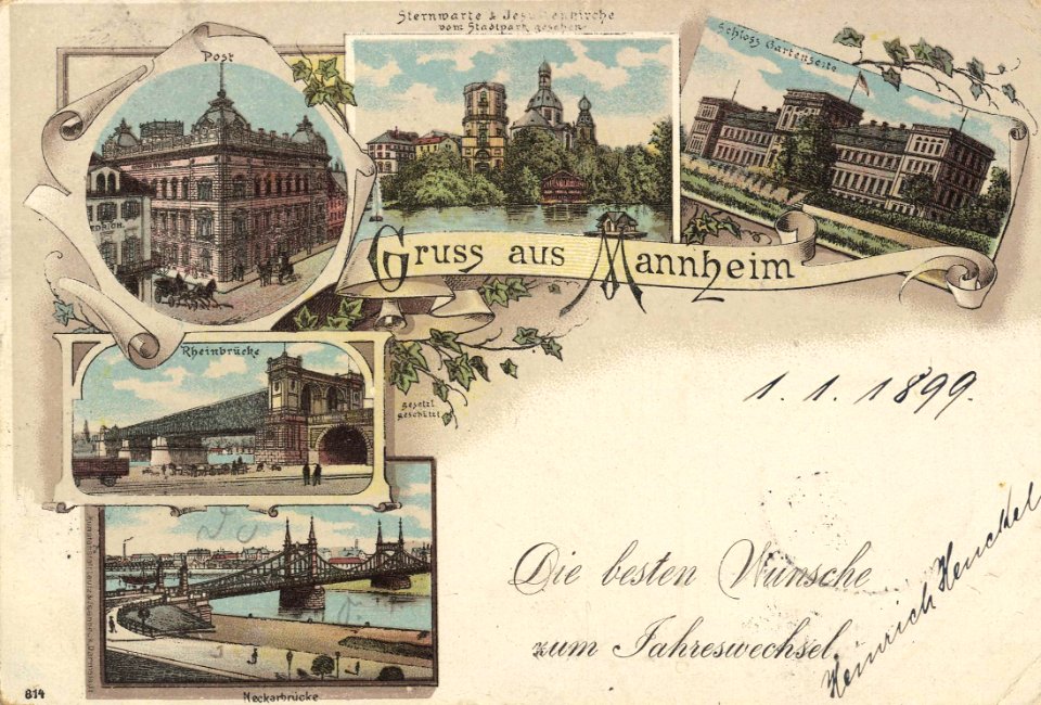 Mannheim, Baden-Württemberg - Postamt; Sternwarte und Jesuitenkirche; Rheinbrücke (Zeno Ansichtskarten)