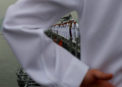 Manning the rails as USS America departs Rio De Janeiro 140809-N-MZ309-048
