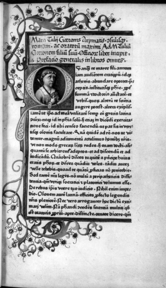 Marcus Tullus Cicero, bust portrait on page of Latin text LCCN2006691909