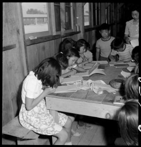 Manzanar Relocation Center, Manzanar, California. These young evacuees are attending the first elem . . . - NARA - 537956
