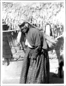 Maria Casseri, a Coahuilla Indian woman, using the red or carrying net suspended from her head, California, ca.1899 (CHS-4749)