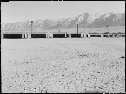 Manzanar Relocation Center, Manzanar, California. View of barracks at this War Relocation Authority . . . - NARA - 538132