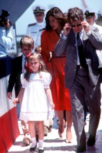 Marilyn Quayle walks from the christening platform with her children after christening the Aegis guided missile cruiser USS VINCENNES