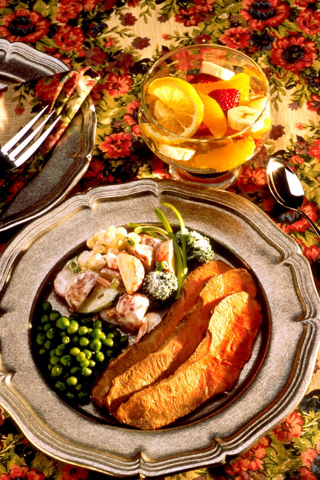 Marinated beef steak with potato vegetable salad